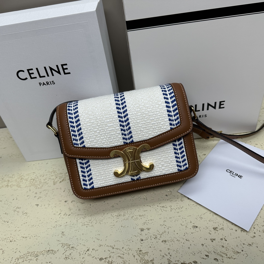 [TOP] CELINE Triomphe Striped Fabric Bag 18.5x14x6cm - White/Blue