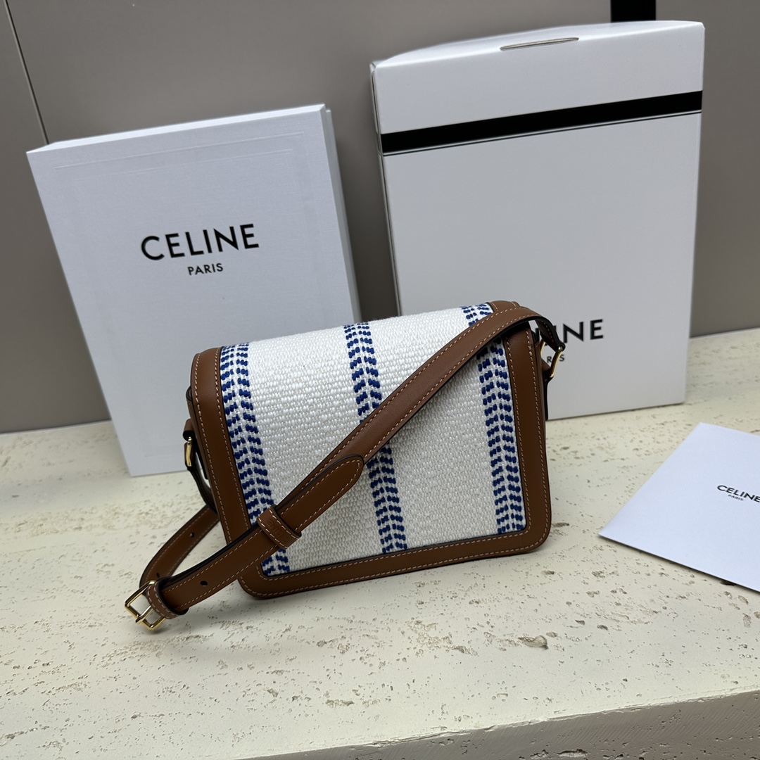 [TOP] CELINE Triomphe Striped Fabric Bag 18.5x14x6cm - White/Blue