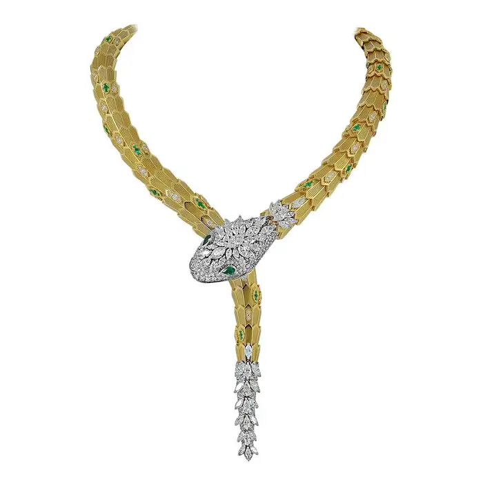 [TOP] BVLGARI Diamond and Emerald Eyes Serpenti Necklace+Bracelet Set-Yellow Gold