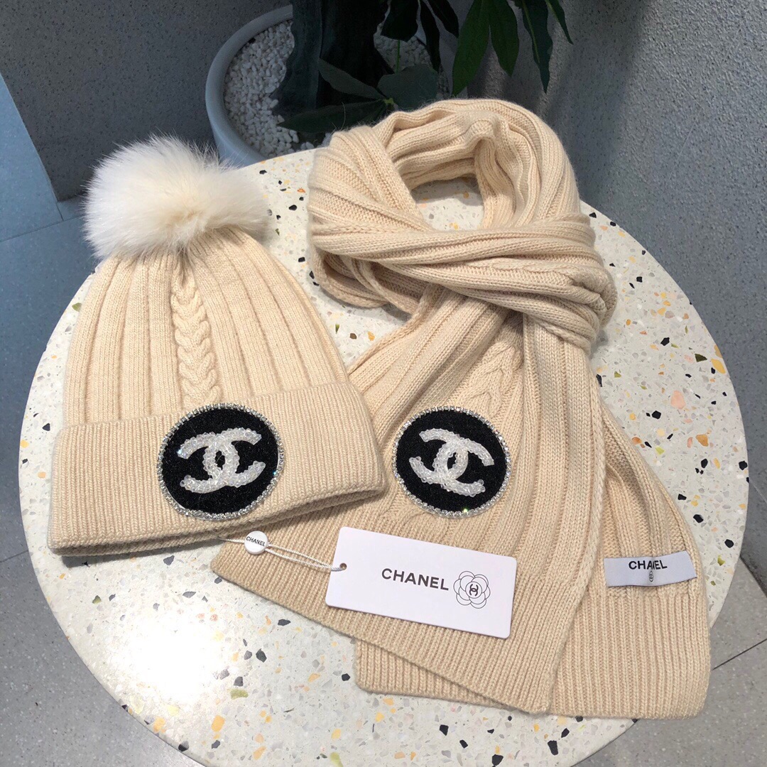 [TOP] CHANEL Knitted Hat + Scarf - 3 Colour