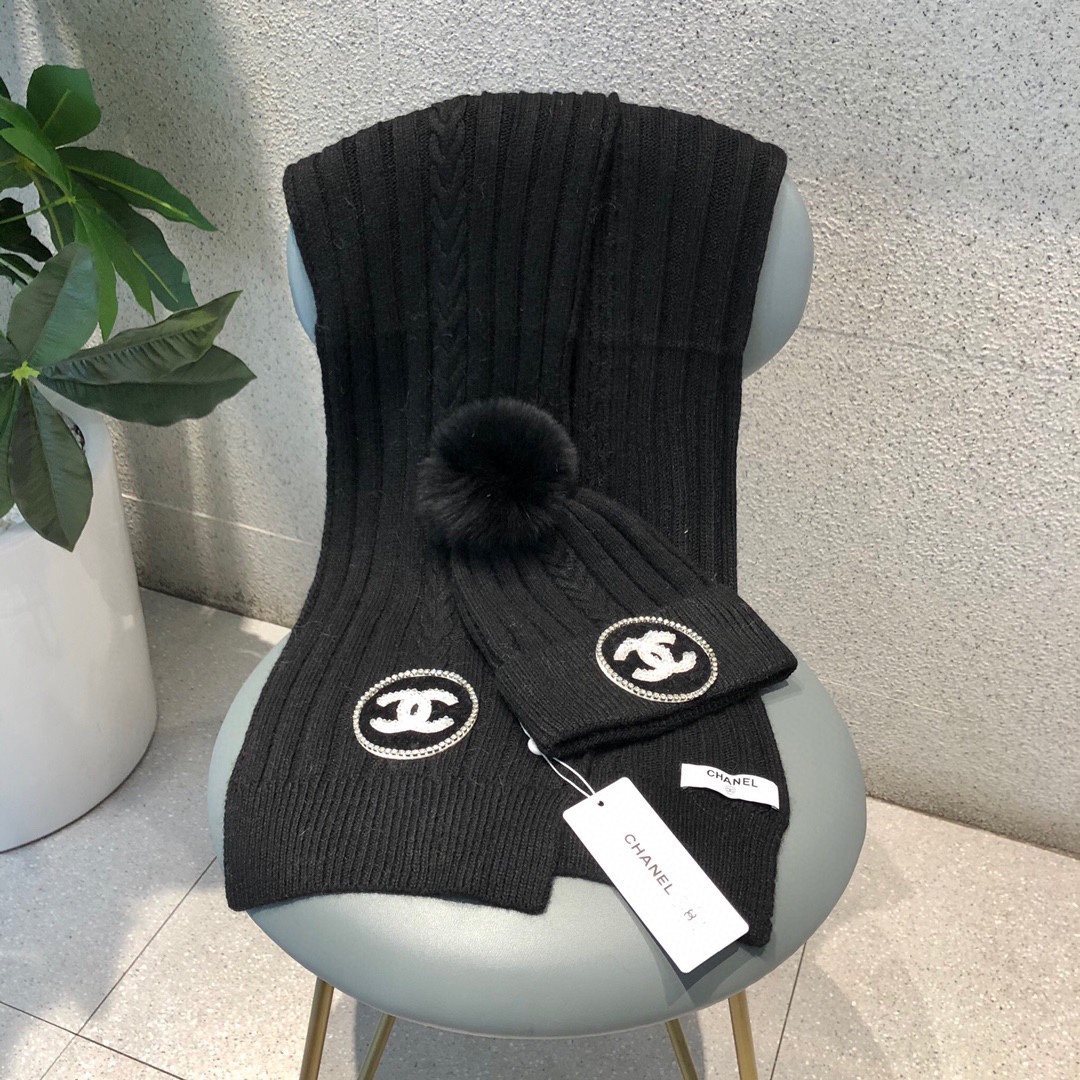 [TOP] CHANEL Knitted Hat + Scarf - 3 Colour