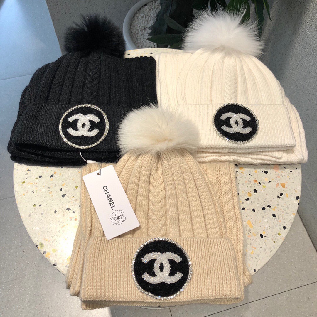 [TOP] CHANEL Knitted Hat + Scarf - 3 Colour