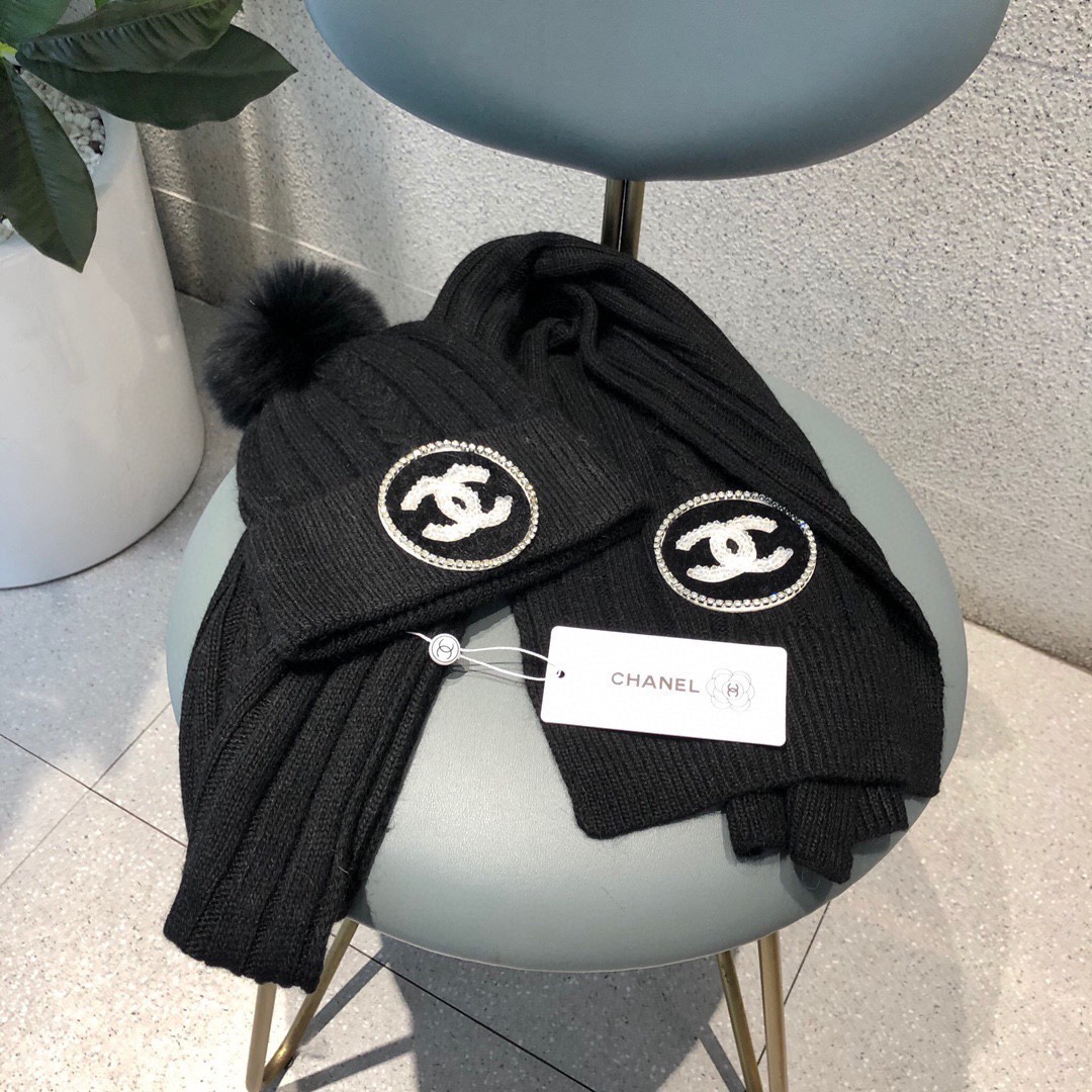 [TOP] CHANEL Knitted Hat + Scarf - 3 Colour