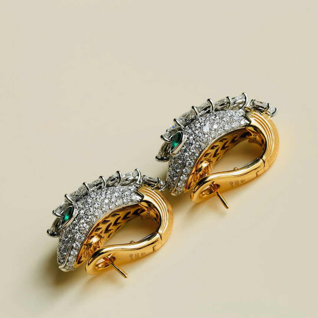 [TOP] BVLGARI Serpenti Platinum 18k Yellow Gold Diamond Emerald Earrings-Gold