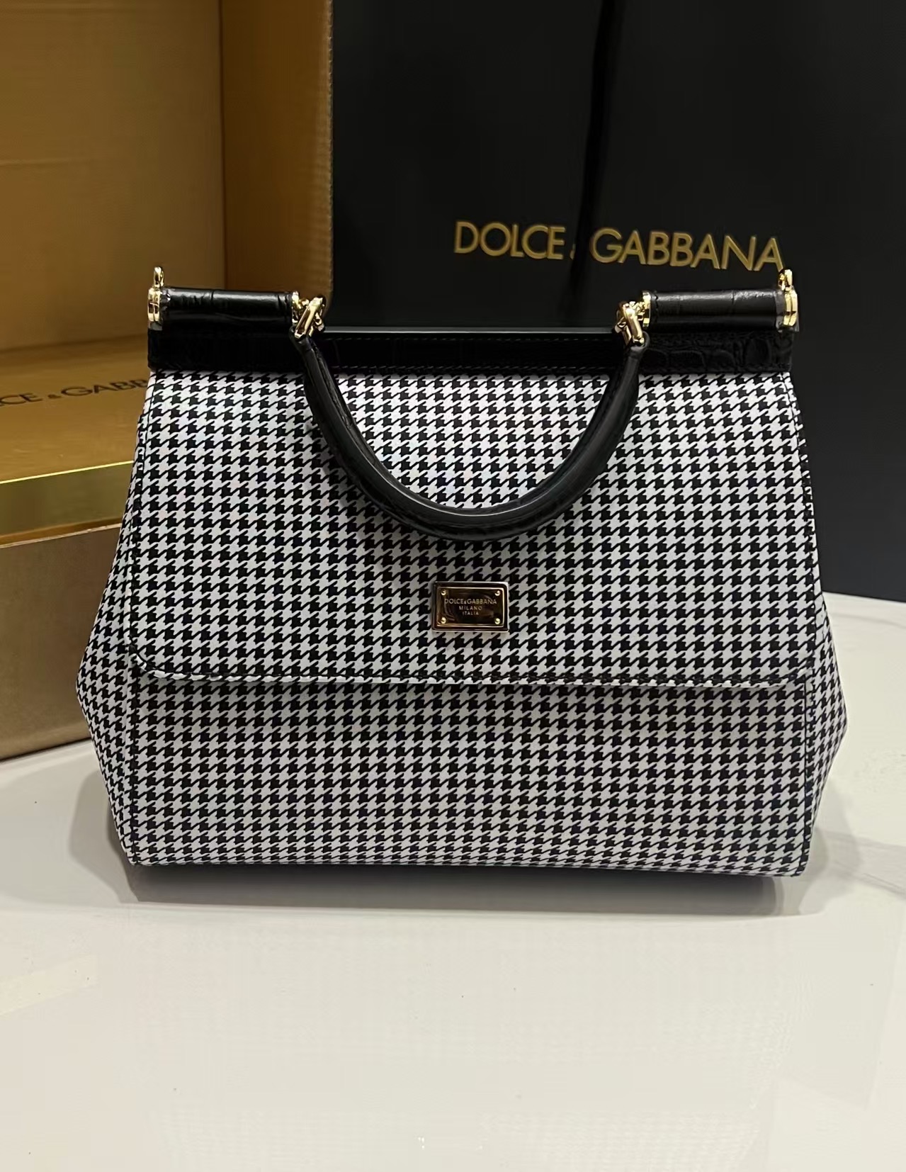 [TOP] Dolce & Gabbana D&G Sicily Houndstooth Handbag 18cm/20cm/25cm-Black and White