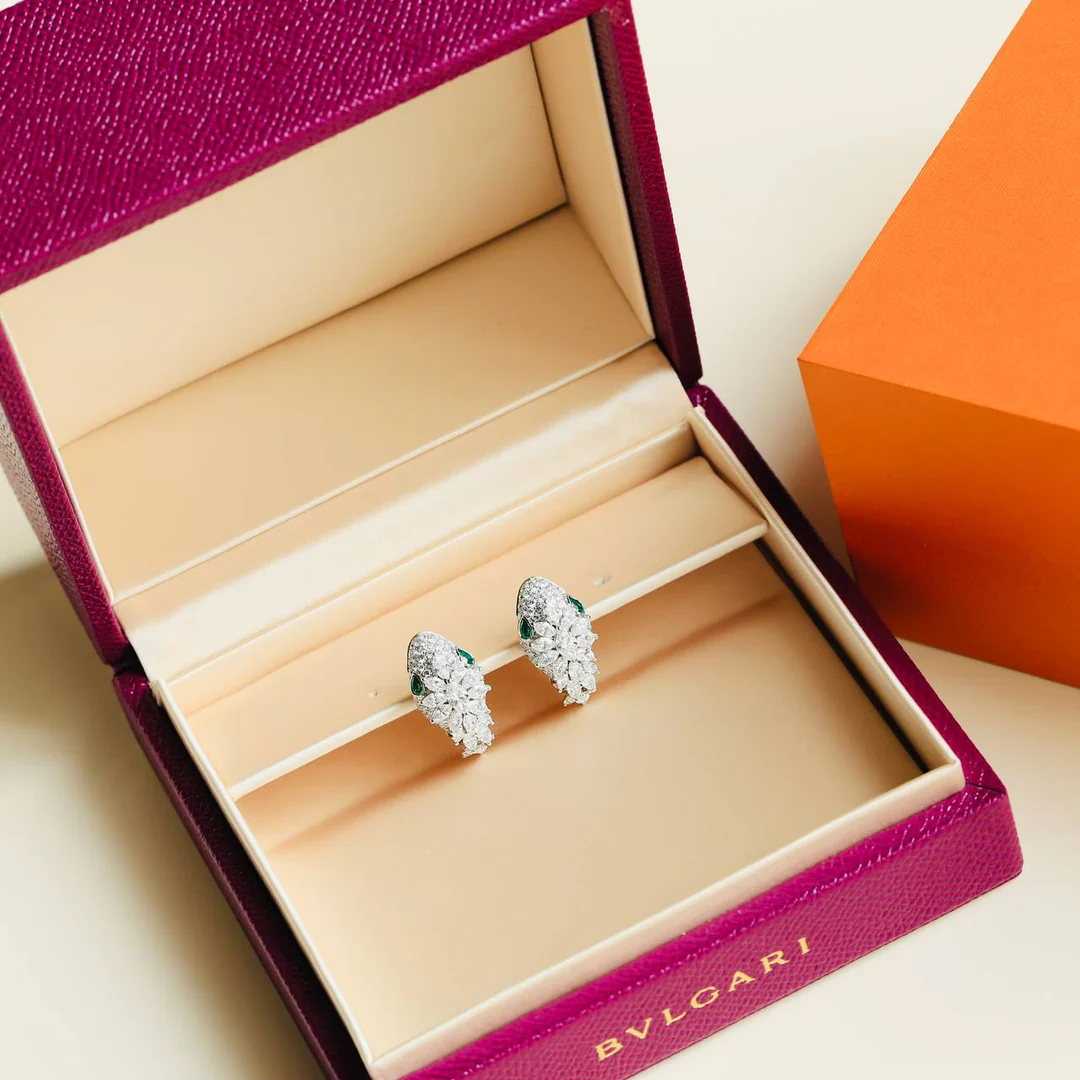 [TOP] BVLGARI Serpenti Platinum 18k Yellow Gold Diamond Emerald Earrings-Gold