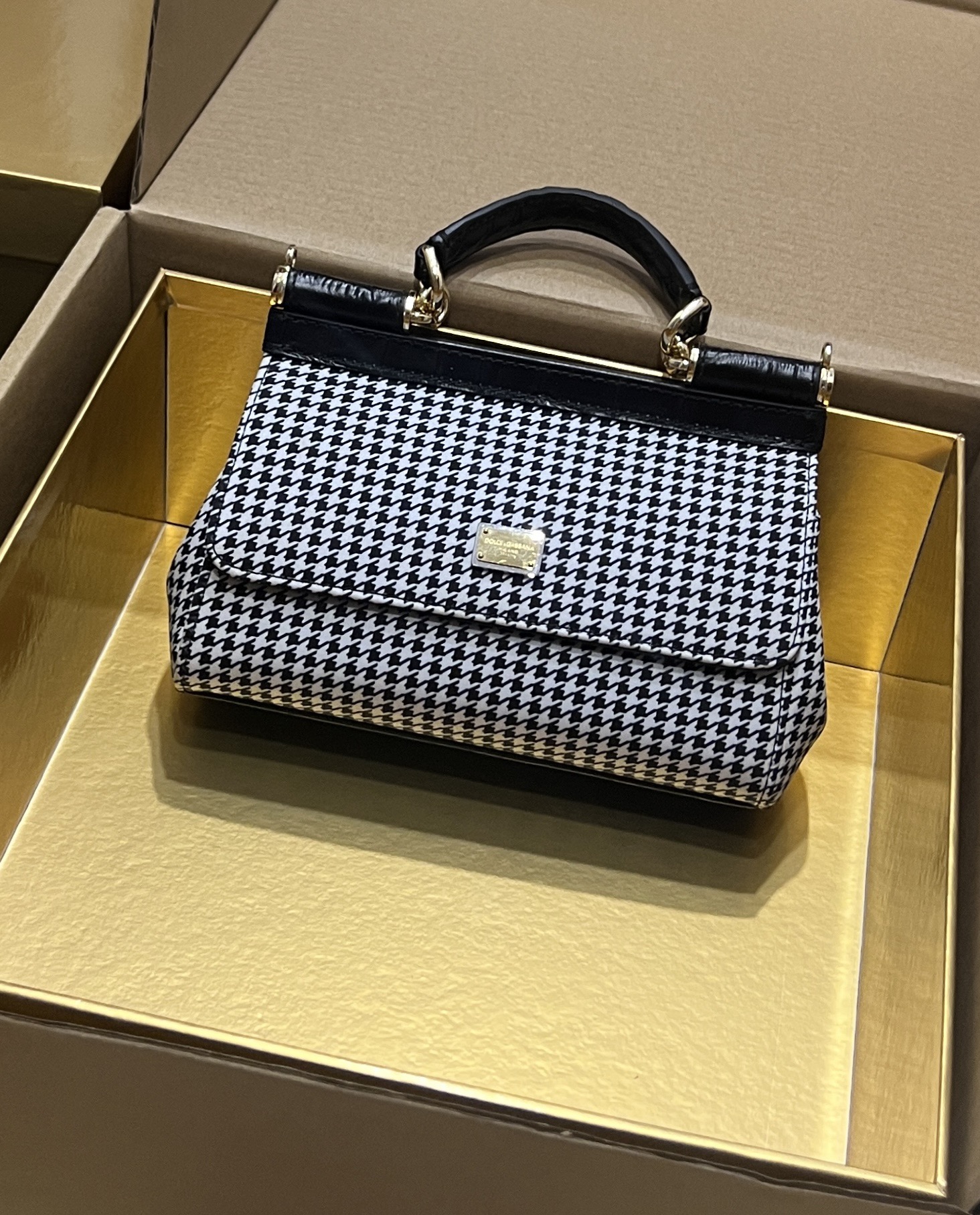 [TOP] Dolce & Gabbana D&G Sicily Houndstooth Handbag 18cm/20cm/25cm-Black and White