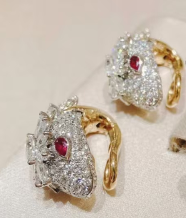 [TOP] BVLGARI Serpenti Platinum Diamond Emerald Earrings + Ring Set-Gold