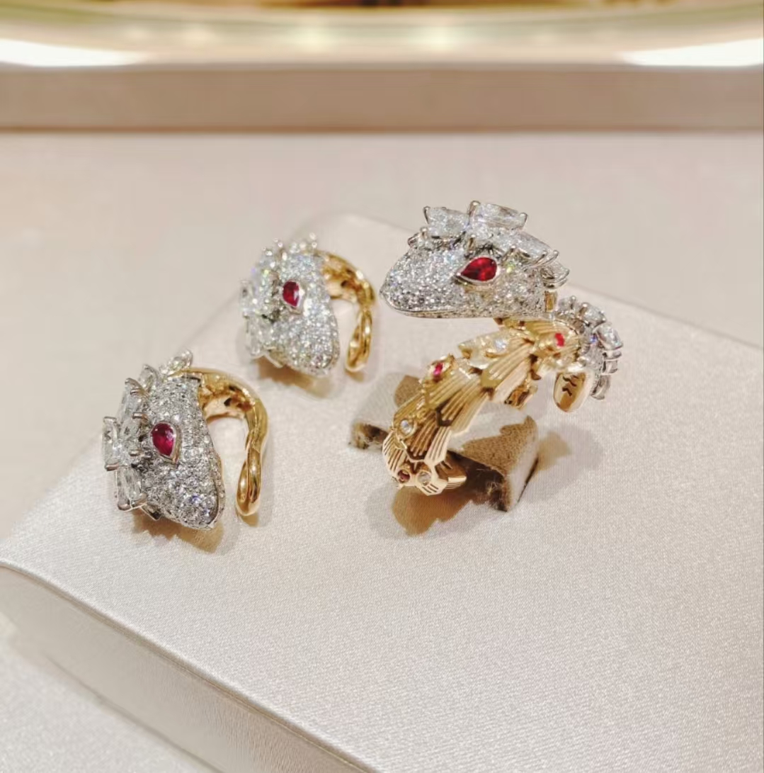 [TOP] BVLGARI Serpenti Platinum Diamond Emerald Earrings + Ring Set-Gold