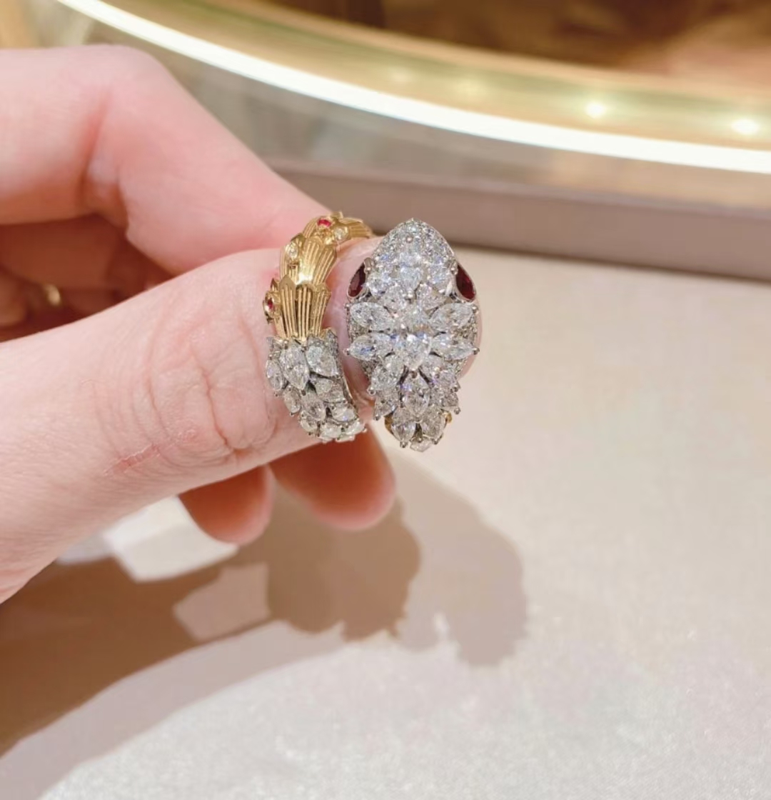 [TOP] BVLGARI Serpenti Platinum Diamond Emerald Earrings + Ring Set-Gold