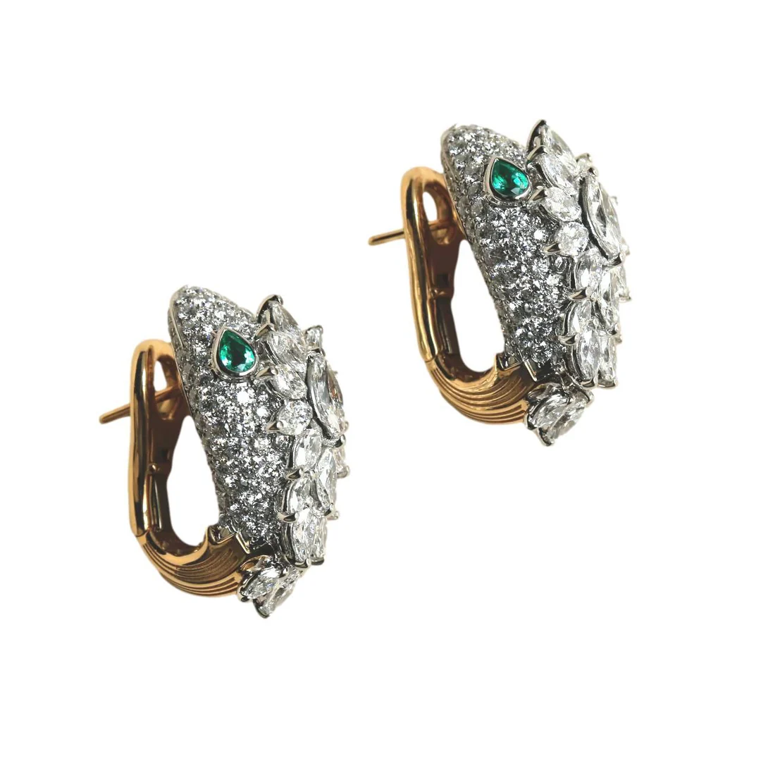 [TOP] BVLGARI Serpenti Platinum 18k Yellow Gold Diamond Emerald Earrings-Gold