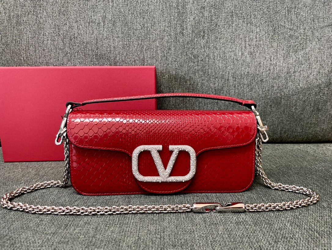 [TOP] VALENTINO Garavani Snake Pattern Calfskin Loco Bag 27x13x6cm - Red