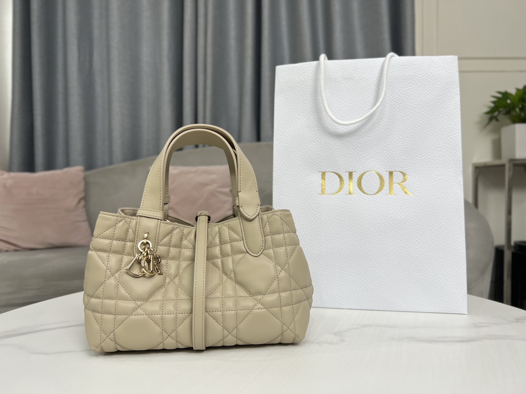 [TOP] Christian Dior Toujours Handbag Cow Leather 23x15x15cm/28x19x21.5cm - Apricot