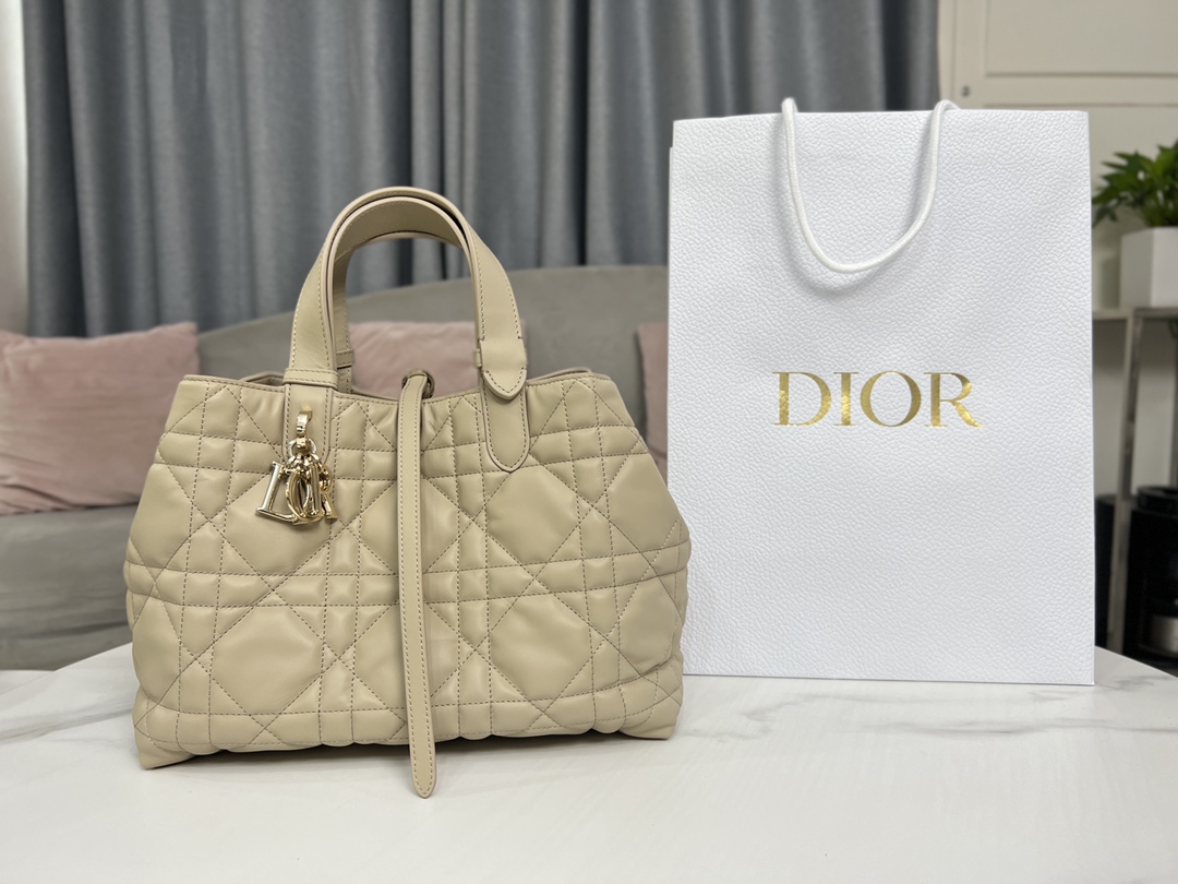 [TOP] Christian Dior Toujours Handbag Cow Leather 23x15x15cm/28x19x21.5cm - Apricot