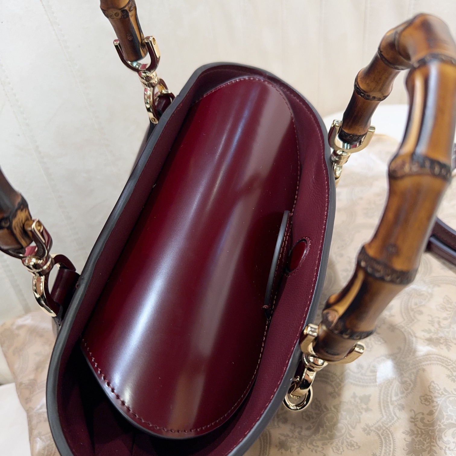 [TOP] GUCCI Bamboo Bag Ankera red imported cowhide 16x27x14cm - Red