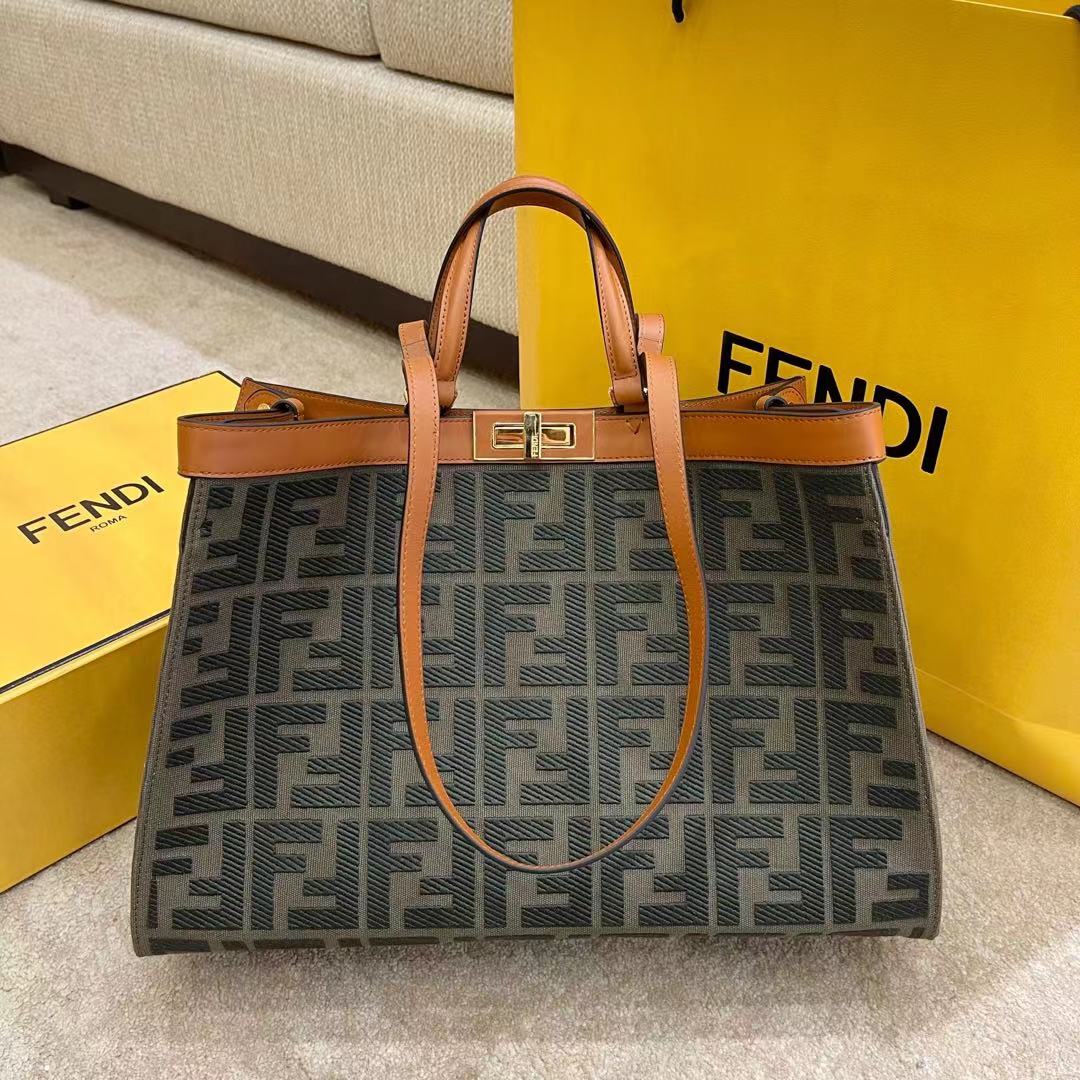 [TOP] FENDI FF Canvas Tote Bag 41x16x30cm - Dark Green
