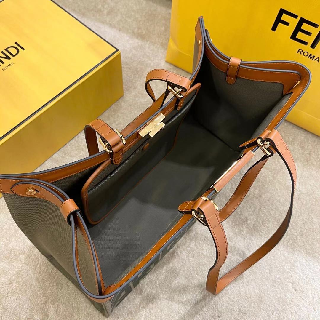 [TOP] FENDI FF Canvas Tote Bag 41x16x30cm - Dark Green