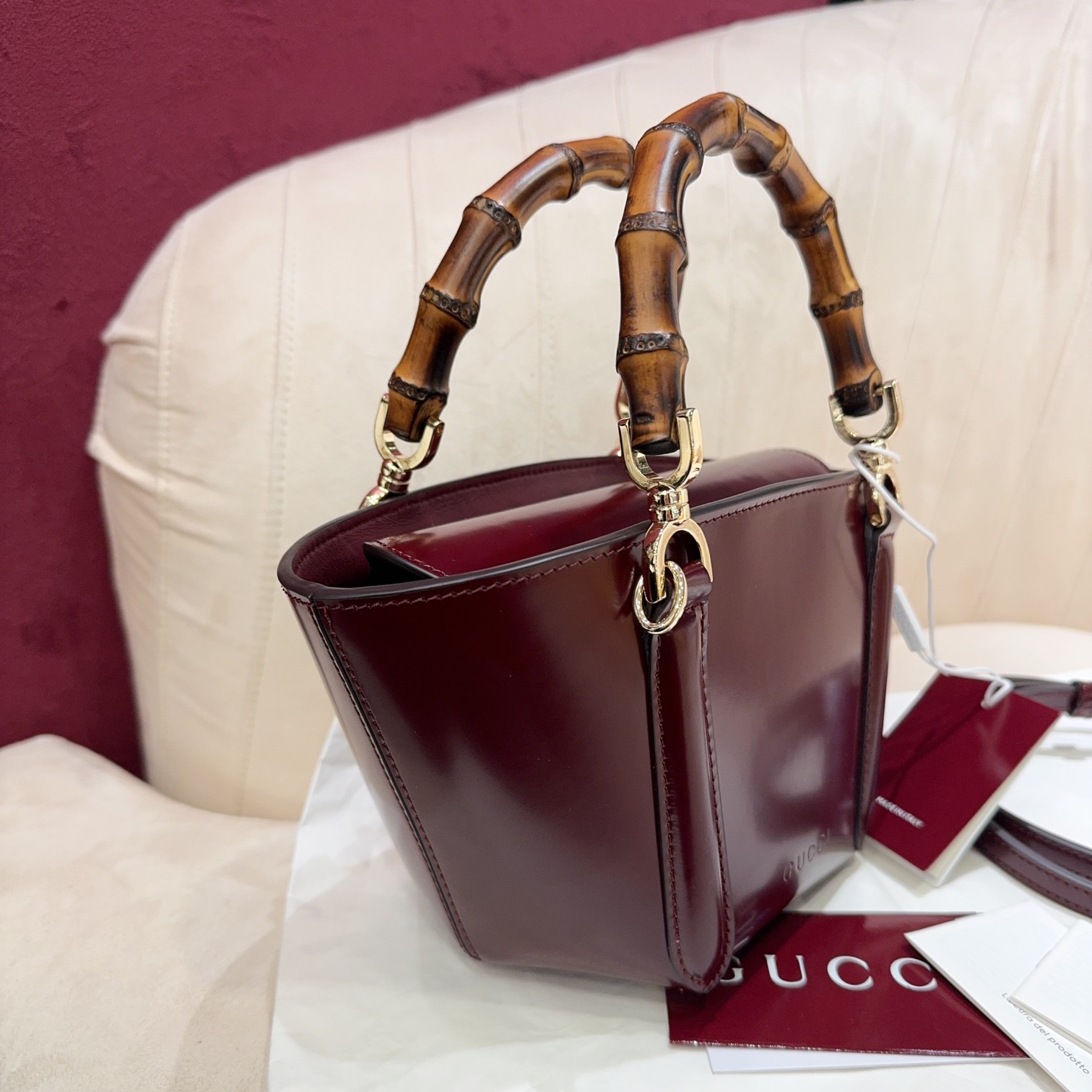 [TOP] GUCCI Bamboo Bag Ankera red imported cowhide 16x27x14cm - Red