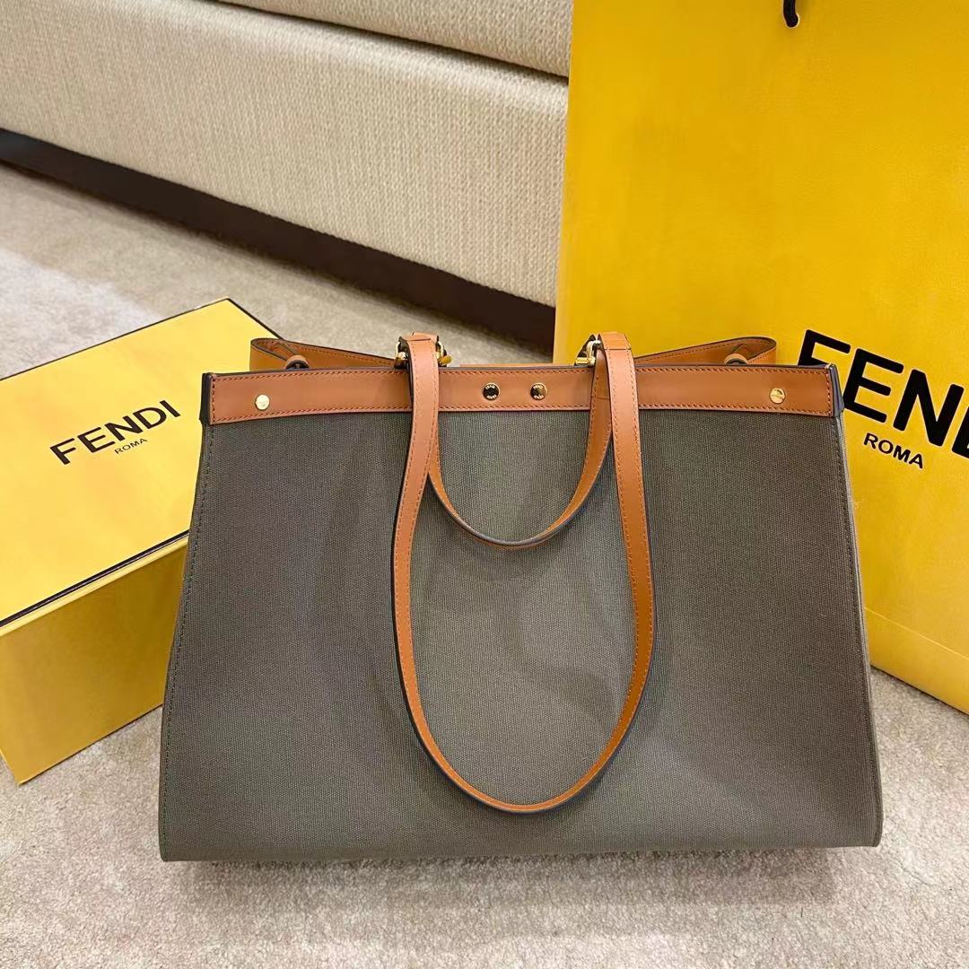 [TOP] FENDI FF Canvas Tote Bag 41x16x30cm - Dark Green