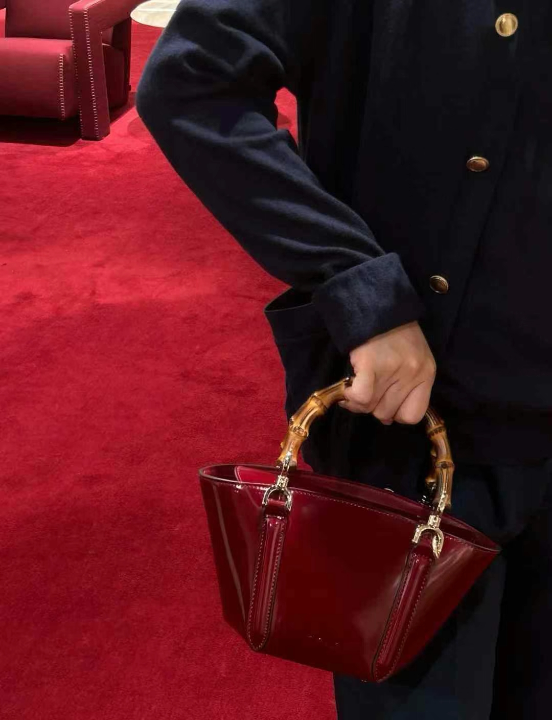 [TOP] GUCCI Bamboo Bag Ankera red imported cowhide 16x27x14cm - Red