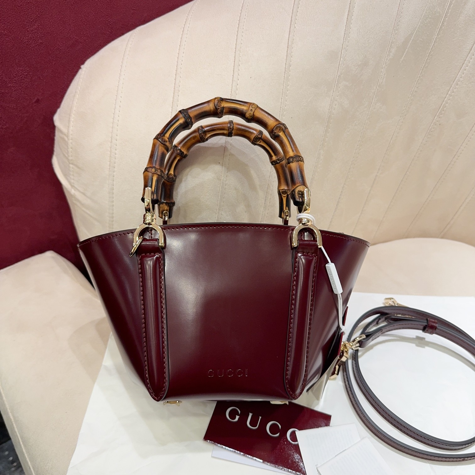 [TOP] GUCCI Bamboo Bag Ankera red imported cowhide 16x27x14cm - Red