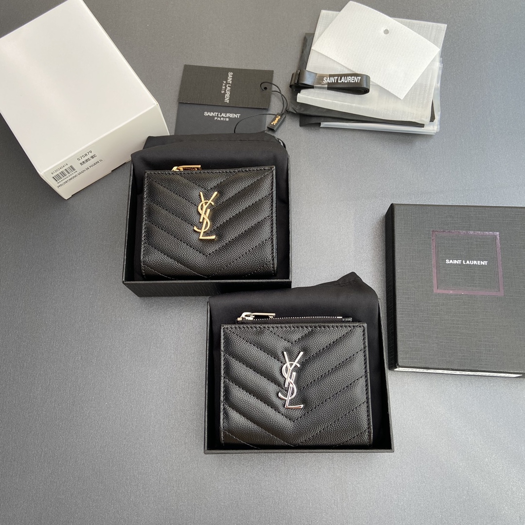 [TOP] Yves Saint Laurent YSL Calfskin Matelasse Wallet 10.5x8.5x2.5cm - Black & SHW/GHW
