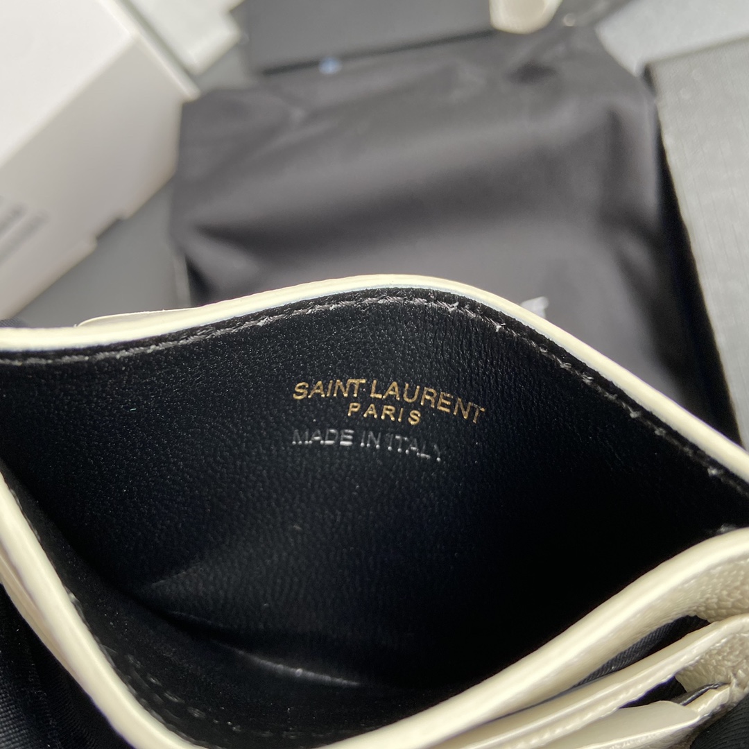 [TOP] Yves Saint Laurent YSL Calfskin Matelasse Card Holder 10.5x7.5cm - Black/Beige & SHW/GHW