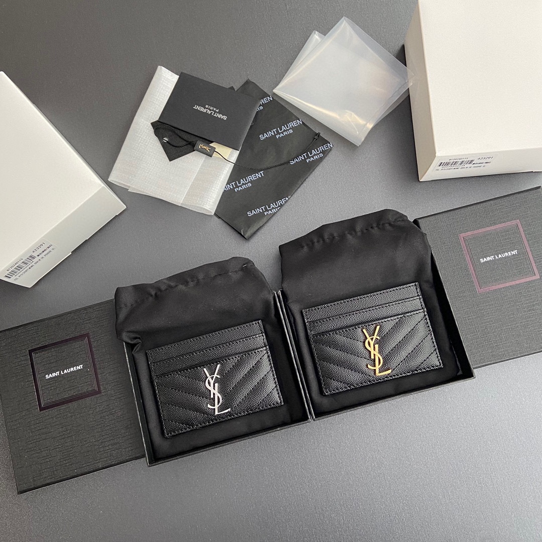 [TOP] Yves Saint Laurent YSL Calfskin Matelasse Card Holder 10.5x7.5cm - Black/Beige & SHW/GHW