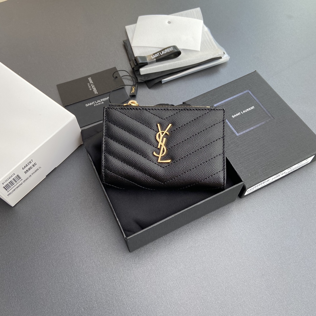 [TOP] Yves Saint Laurent YSL Calfskin Matelasse Wallet 12x10x3cm - Black & SHW/GHW