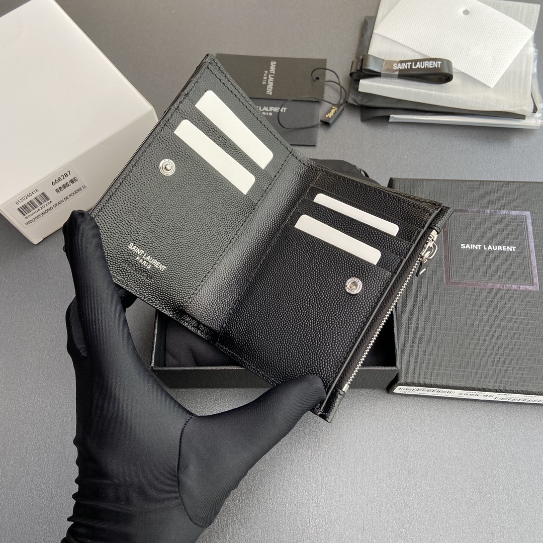 [TOP] Yves Saint Laurent YSL Calfskin Matelasse Wallet 12x10x3cm - Black & SHW/GHW