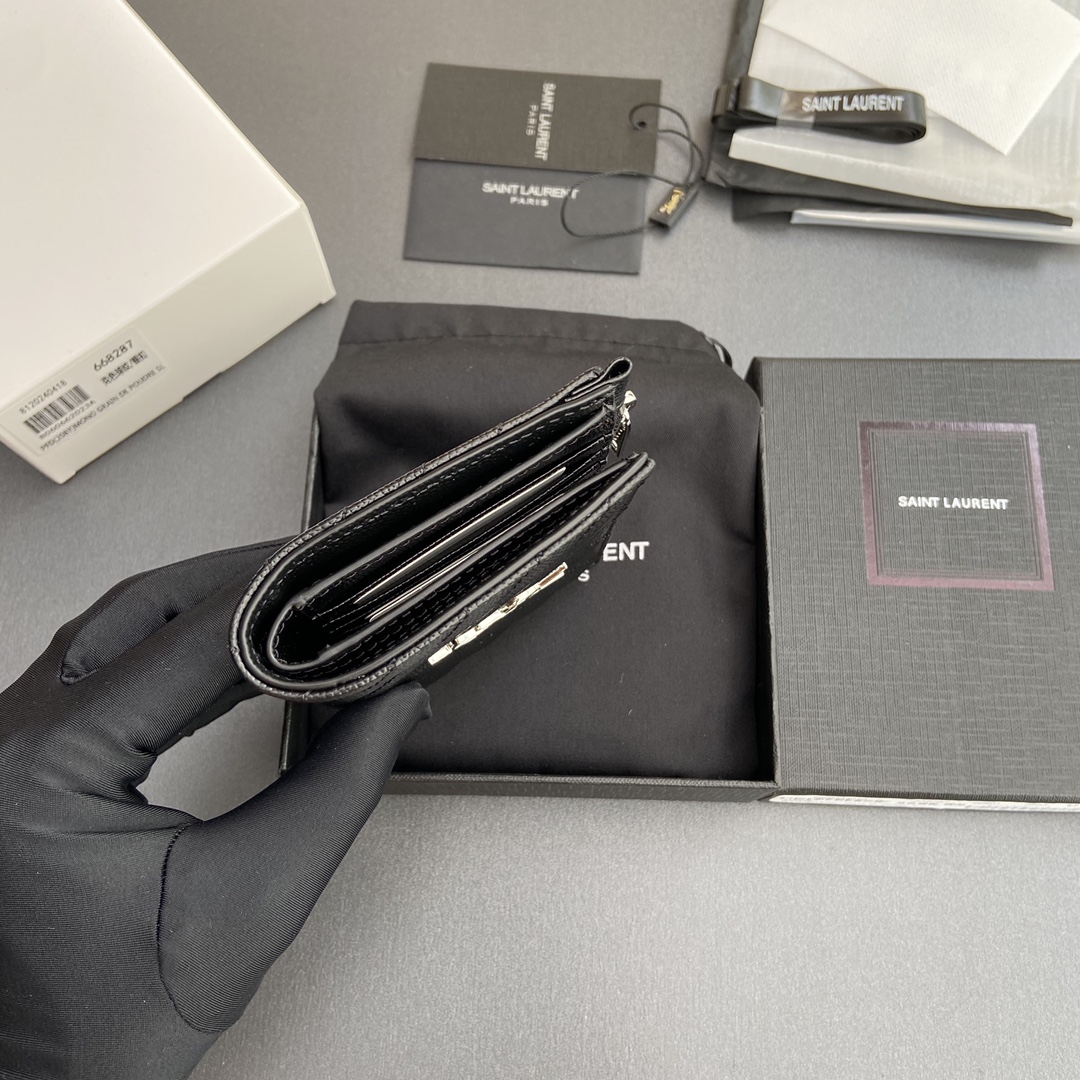 [TOP] Yves Saint Laurent YSL Calfskin Matelasse Wallet 12x10x3cm - Black & SHW/GHW