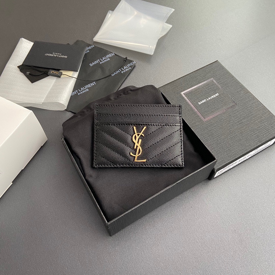 [TOP] Yves Saint Laurent YSL Calfskin Matelasse Card Holder 10.5x7.5cm - Black/Beige & SHW/GHW