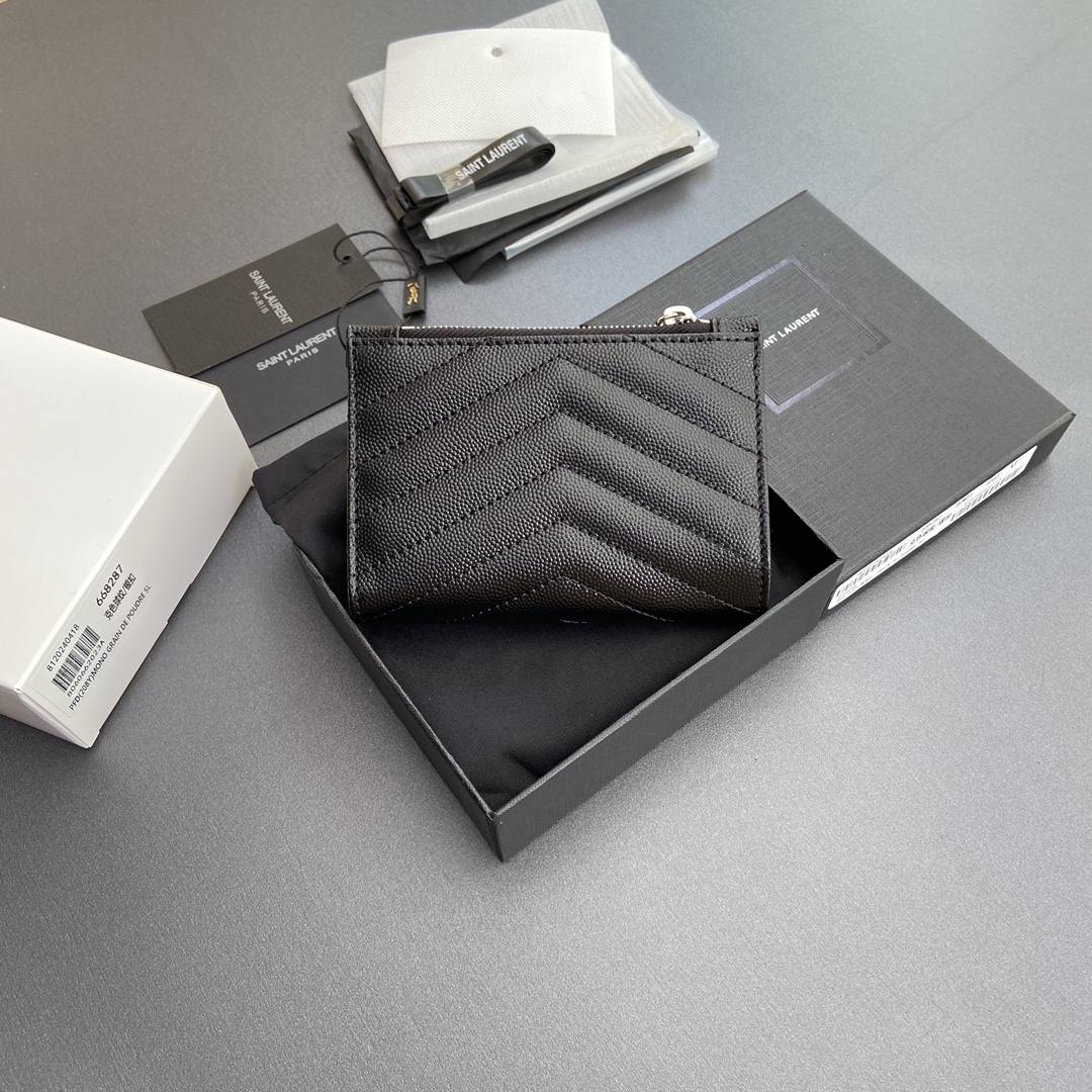 [TOP] Yves Saint Laurent YSL Calfskin Matelasse Wallet 12x10x3cm - Black & SHW/GHW