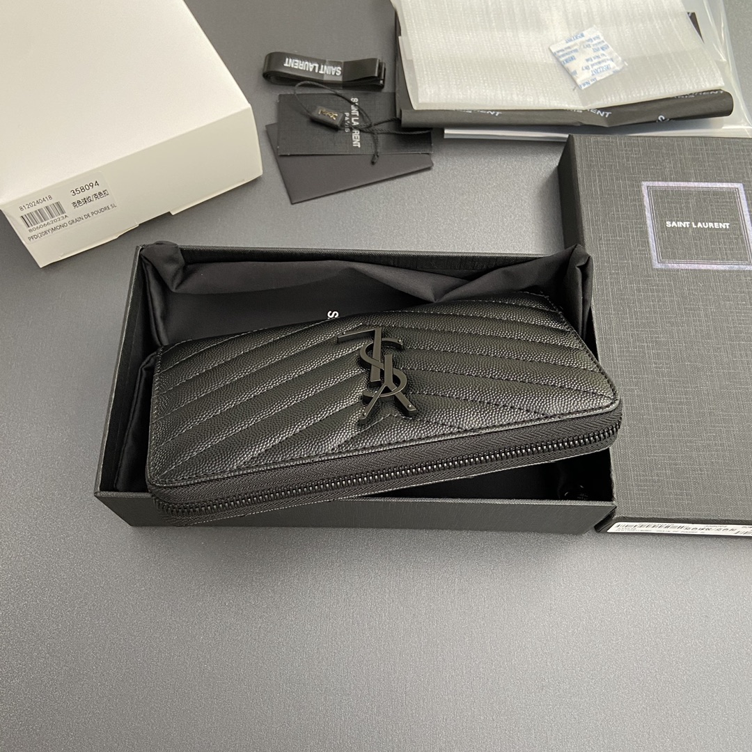 [TOP] Yves Saint Laurent YSL Calfskin Matelasse Wallet 19x9.5x2.5cm - Black & GHW