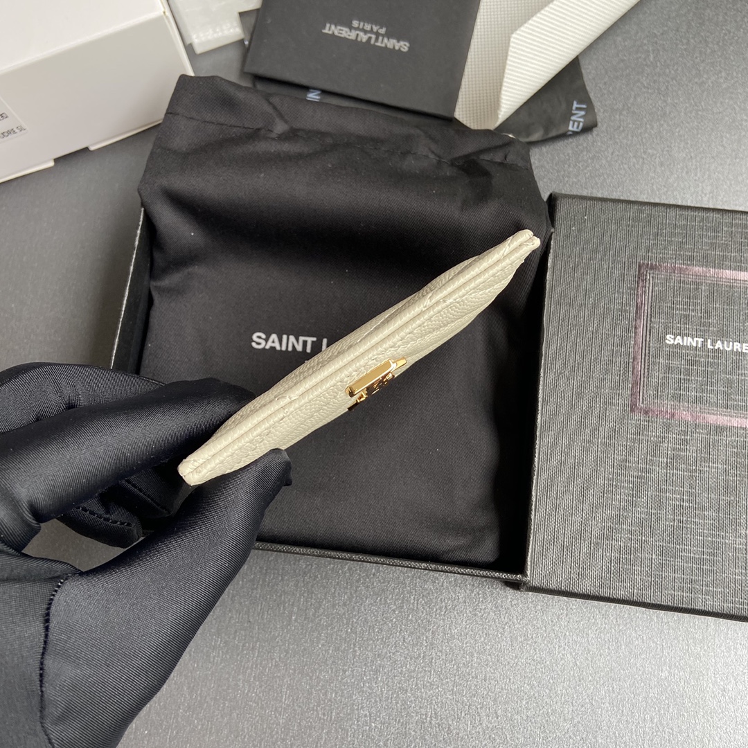 [TOP] Yves Saint Laurent YSL Calfskin Matelasse Card Holder 10.5x7.5cm - Black/Beige & SHW/GHW