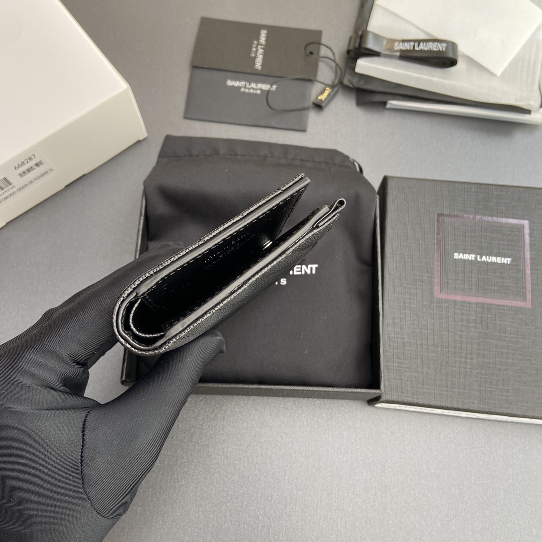 [TOP] Yves Saint Laurent YSL Calfskin Matelasse Wallet 12x10x3cm - Black & SHW/GHW