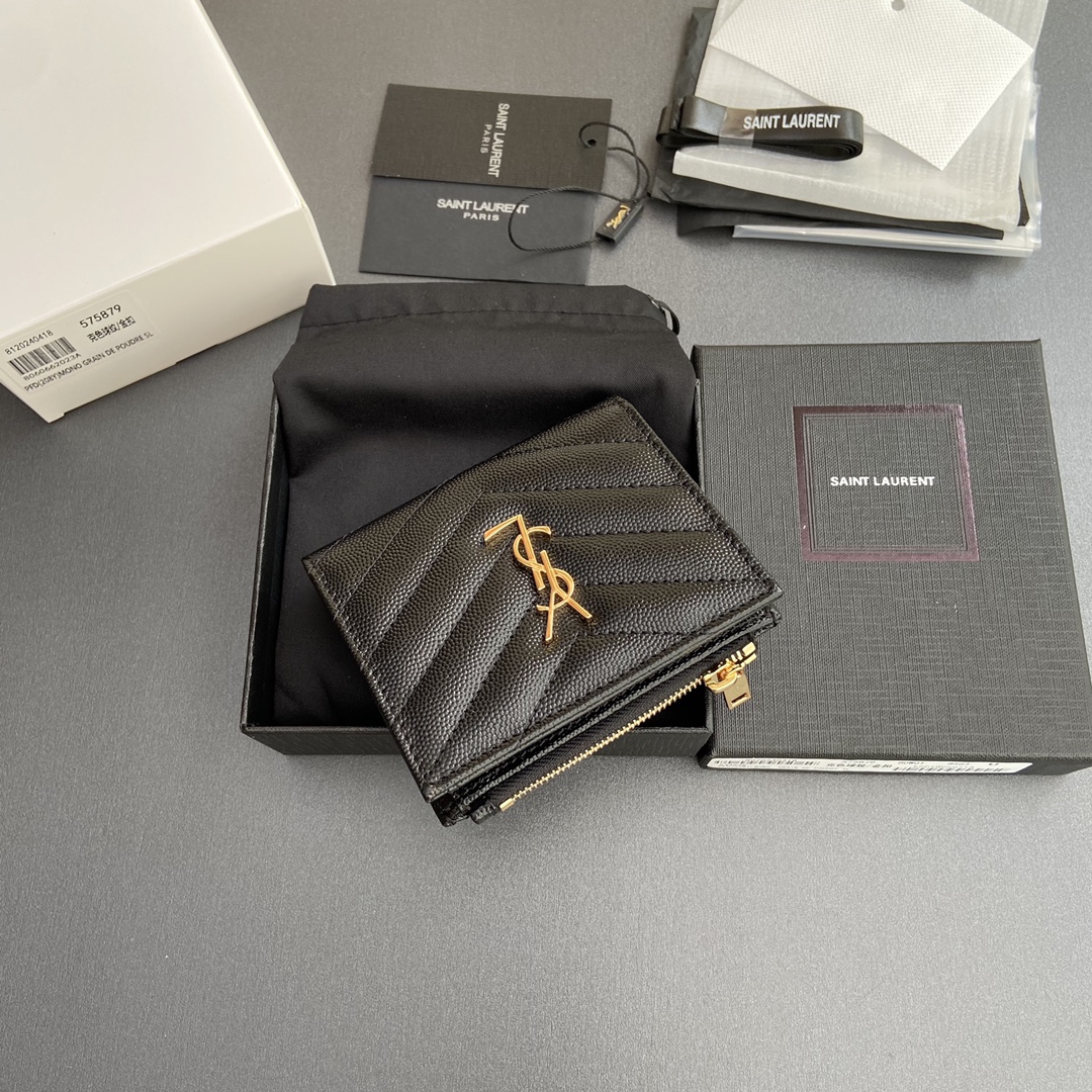 [TOP] Yves Saint Laurent YSL Calfskin Matelasse Wallet 10.5x8.5x2.5cm - Black & SHW/GHW