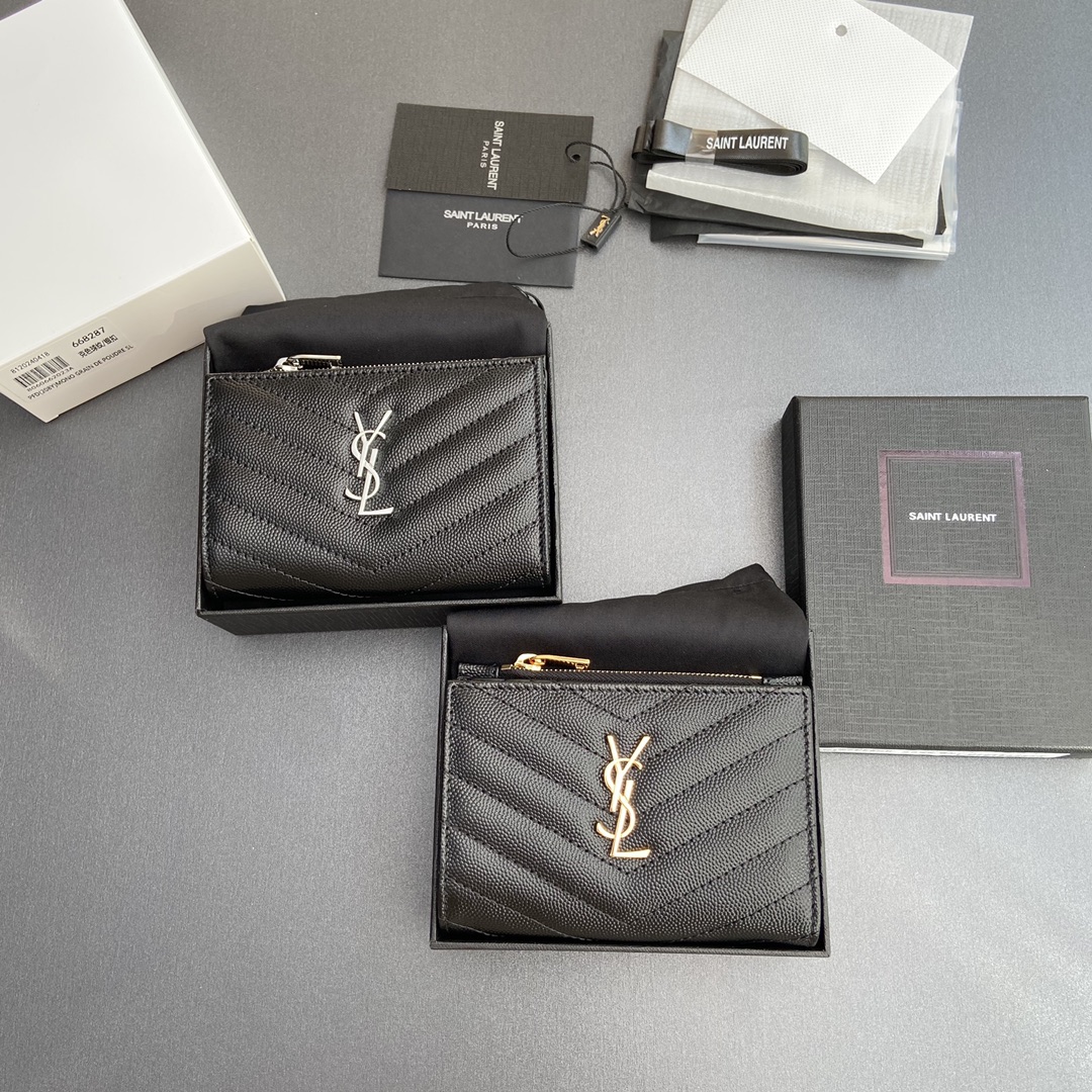 [TOP] Yves Saint Laurent YSL Calfskin Matelasse Wallet 12x10x3cm - Black & SHW/GHW