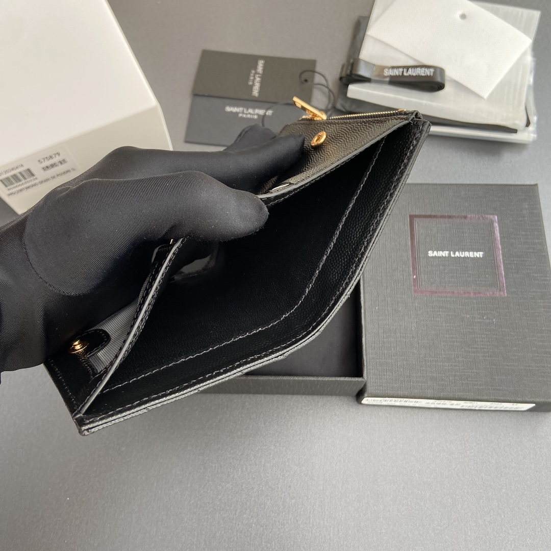 [TOP] Yves Saint Laurent YSL Calfskin Matelasse Wallet 10.5x8.5x2.5cm - Black & SHW/GHW