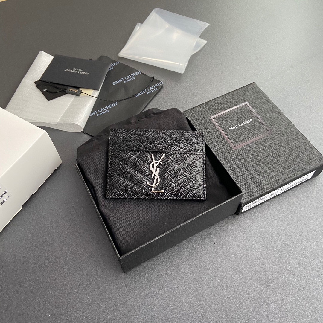 [TOP] Yves Saint Laurent YSL Calfskin Matelasse Card Holder 10.5x7.5cm - Black/Beige & SHW/GHW