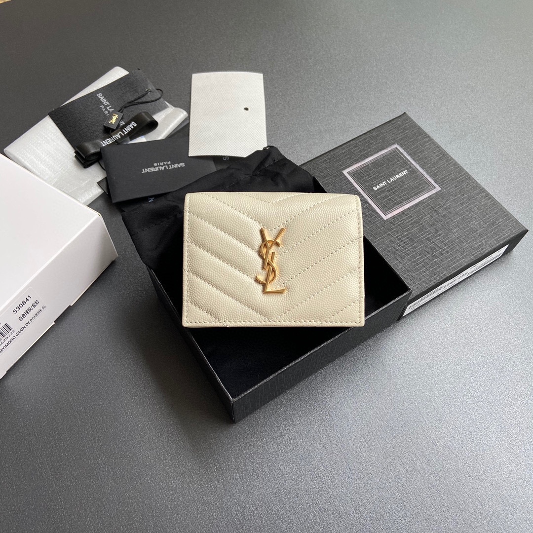[TOP] Yves Saint Laurent YSL Calfskin Matelasse Wallet 11x8.5x3cm - Black/Beige & SHW/GHW
