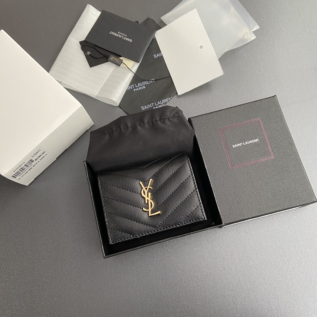 [TOP] Yves Saint Laurent YSL Calfskin Matelasse Wallet 11x8.5x3cm - Black/Beige & SHW/GHW