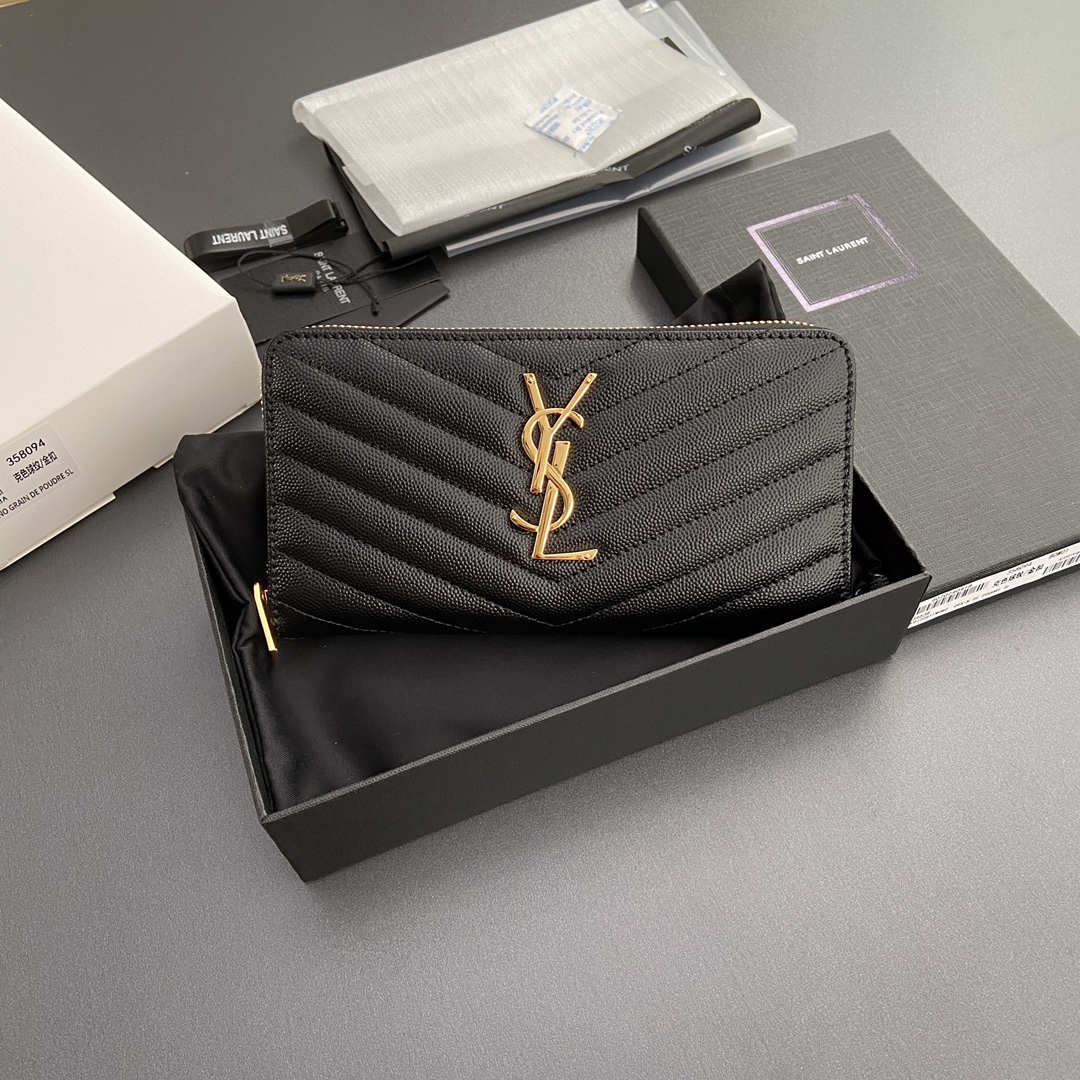 [TOP] Yves Saint Laurent YSL Calfskin Matelasse Wallet 19x9.5x2.5cm - Black & GHW