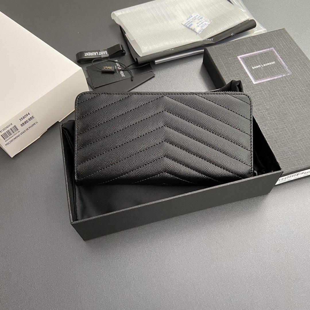 [TOP] Yves Saint Laurent YSL Calfskin Matelasse Wallet 19x9.5x2.5cm - Black & GHW