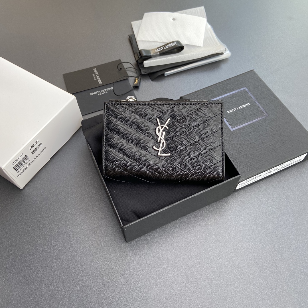 [TOP] Yves Saint Laurent YSL Calfskin Matelasse Wallet 12x10x3cm - Black & SHW/GHW