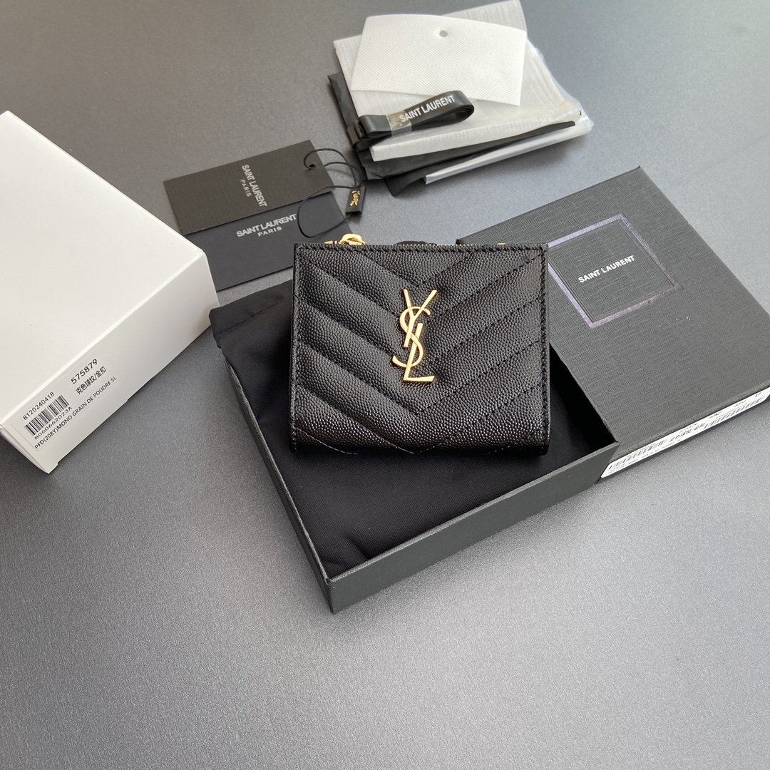 [TOP] Yves Saint Laurent YSL Calfskin Matelasse Wallet 10.5x8.5x2.5cm - Black & SHW/GHW