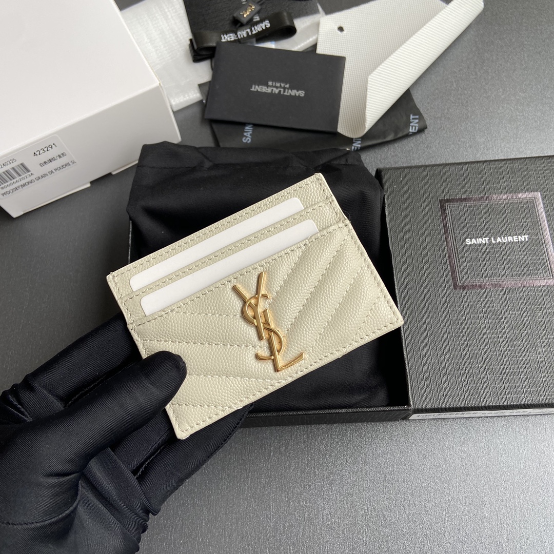 [TOP] Yves Saint Laurent YSL Calfskin Matelasse Card Holder 10.5x7.5cm - Black/Beige & SHW/GHW