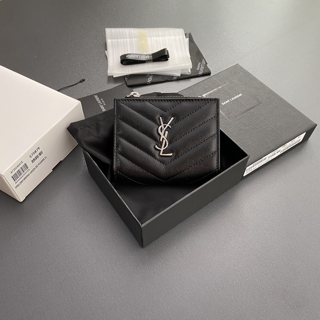 [TOP] Yves Saint Laurent YSL Calfskin Matelasse Wallet 10.5x8.5x2.5cm - Black & SHW/GHW