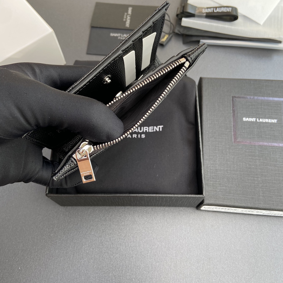 [TOP] Yves Saint Laurent YSL Calfskin Matelasse Wallet 12x10x3cm - Black & SHW/GHW