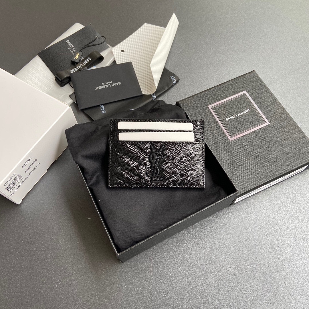 [TOP] Yves Saint Laurent YSL Calfskin Matelasse Card Holder 10.5x7.5cm - Black/Beige & SHW/GHW